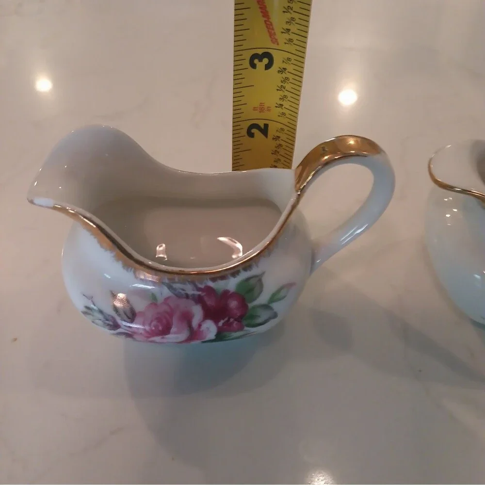 Vintage Lefton China Sugar Bowl & Creamer Hand Painted Gold Trim Tea Rose